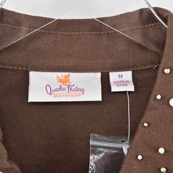 QUACKER FACTORY Denim Jacket Womens Sz M Brown Rhinestone Beaded Blinged Western - Picture 7 of 12